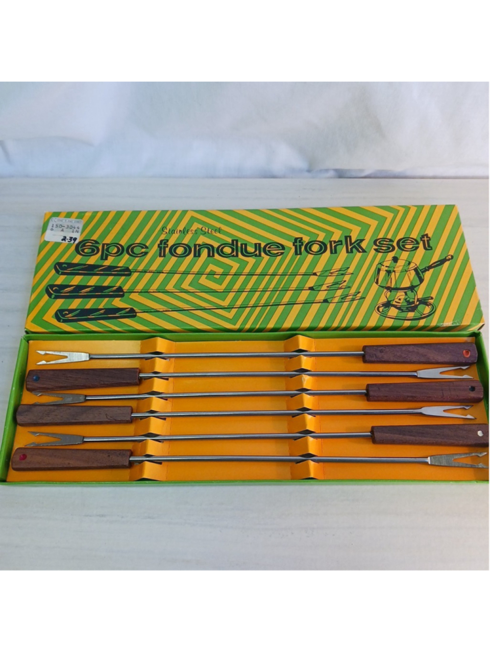 Vintage 1970s Stainless Steel Fondue Fork Set Wood Handles 6 Piece